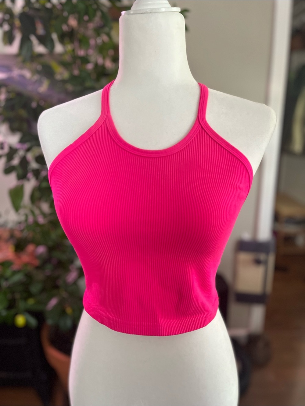 Free People Neon Pink Ribbed Cropped Tank
